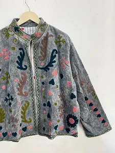 Grey Boho Suzani Embroidered <b>Velvet</b> <b>Jacket</b> <b>Women</b> Ethnic Short Coat Stand Collar Open Front Winter Autumn Wear - Product Image 3