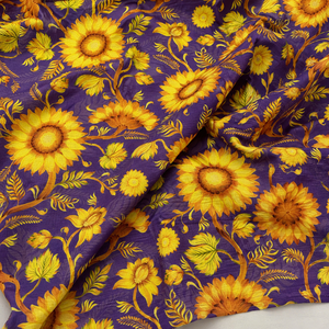 Tela de Sarga 100% Algodón Estampada con Diseño Floral de Girasoles para Camisas, Vestidos y Prendas - Product Image 1