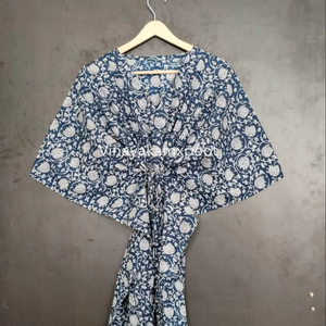 Robe Kimono Asymétrique à Col en V et Taille Haute, Imprimé Floral Indigo Exquis, Faite à la Main, Écologique, Collection 2026, Meilleure Vente - Product Image 1