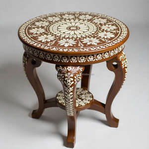 Table ronde en bois avec incrustations d'os de qualité supérieure, design floral fait à la main, meubles de luxe pour la décoration intérieure classique - Product Image 1
