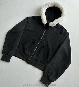 Chaqueta de Forro Polar con Capucha Extra Grande para Hombre, con Ribete de Piel Blanca, Cierre de Cremallera Frontal, Ropa Casual de Invierno, Corte Regular, Color Negro Sólido - Product Image 5