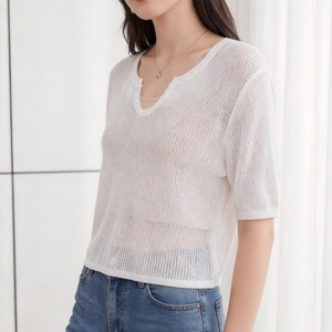 Maglione da <span class=keywords><strong>donna</strong></span> <span class=keywords><strong>a</strong></span> maniche corte con scollo <span class=keywords><strong>a</strong></span> V, lavorato <span class=keywords><strong>a</strong></span> <span class=keywords><strong>maglia</strong></span> traforata, pullover leggero e traspirante in <span class=keywords><strong>rete</strong></span>, stile vacanza, protezione solare - Product Image 2
