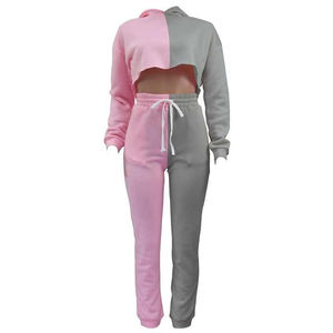 Conjunto de Sudadera Corta con Capucha y Pantalones Jogger para Mujer, Diseño de Bloques de Color en Dos Tonos, Bordado, Informal, de Invierno, al por Mayor, OEM - Product Image 2