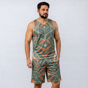 Conjunto de camiseta sin mangas con cuello en V y pantalones cortos para hombre, estampado por sublimación, de secado rápido, tejido de poliéster, estilo deportivo, para verano. - Product Image 5