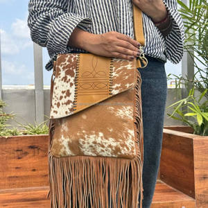 Bolso cruzado de cuero de vaca para mujer, bolso cruzado con flecos y puntada para botas, bolso de mano de cuero genuino, conjuntos combinados de cartera - Product Image 2