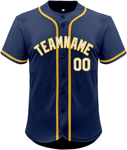 Professional Navy Blue Baseball Jersey With Yellow Trim Button Up Team Apparel Men Youth Match Day Shirt - Product Image 2