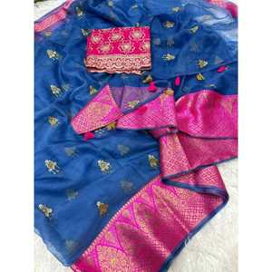 RICH LOOK ORGANZA SEQUENCE <b>GOLDEN</b> ZARI WORK <b>SAREE</b> WITH UNSTITCHED BLOUSE BLUE - Product Image 1