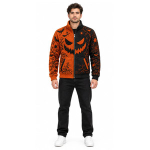 Men's Reversible Fleece Jacket Halloween Pumpkin Bat Print Zipper Closure Sherpa Lined Casual Autumn <b>Coat</b> - Product Image 2