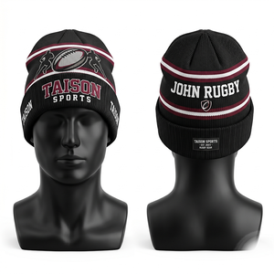Bonnet de rugby personnalisé en acrylique tricoté premium 320 GSM, noir, marron, blanc rayé, avec revers et logo brodé - Product Image 1
