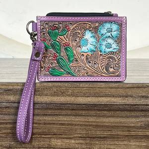 Wholesale Factory Price Hand Tooled Genuine <b>Leather</b> Card Holder <b>Wallet</b> Bohemian Style Floral Cactus Pattern Zipper Coin Pouch - Product Image 2