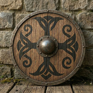 Bouclier rond en bois durable de style viking, artisanat fait main d'inspiration nordique pour accessoires de costume et présentation de collection - Product Image 1