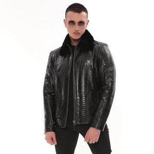Men's Winter <b>Genuine</b> <b>Leather</b> <b>Jacket</b> Full Sleeve Slim Fit Stand Collar Vintage Style Casual Wear Windproof Breathable Front - Product Image 1