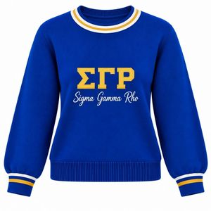 Royal Blue Sigma Gamma Rho Sweater with Gold Greek Letter Embroidery <b>White</b> Script Logo <b>White</b> Gold Striped Crew Neck Women's <b>Knit</b> - Product Image 1
