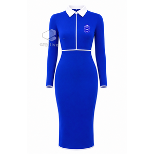 Robe moulante mi-longue bleue pour femmes Zeta Phi Beta avec col polo blanc contrastant, fermeture éclair quart de tour, manches longues, robe décontractée ajustée - Product Image 1