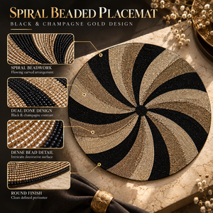 <b>Black</b> Beige Glass Beaded <b>Placemat</b> Round Table Mat Handmade Dining Decor Spiral Pattern Reversible Table Setting | Elegant Beadwo - Product Image 5