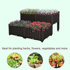 Set di 4 Fioriere Rialzate in Plastica con Gambe e Foro di Drenaggio per Auto-Irrigazione e Coltivazione di Fiori, Erbe e Verdure (Marrone) - Product Image 4