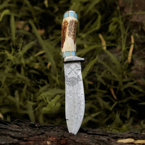 Couteau Bowie à lame fixe en acier Damas sur mesure de 10,5 pouces, ambidextre, neuf, pour la chasse et la survie, avec manche en bois de cerf et turquoise, objet de collection - Product Image 5
