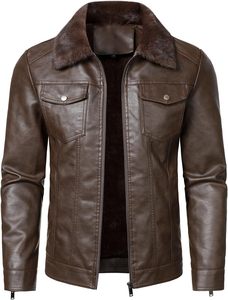 Men'<b>s</b> Dark Brown Coffee PU Faux Leather Trucker <b>Jacket</b> Faux Fur Lapel Collar Dual Chest Flap Snap Pocket Center Zipper Winter Wa - Product Image 3