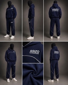 Men's Navy Sweat Suit Pullover Hoodie & Jogger Pants Midweight Contrast Piping Logo Front Custom Streetwear Loose Fit 2XL-6XL - Product Image 3