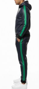 Men's Hooded PU Leather Tracksuit Set Dark Blue Green Color Block Slim Fit Sporty Style - Product Image 4