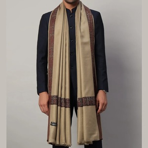 Bufanda Larga de Cachemira para Hombre, Color Beige con Bordes Bordados en Marrón, Chales de Lana Afgana, Chales Tradicionales Cálidos para Invierno - Product Image 1