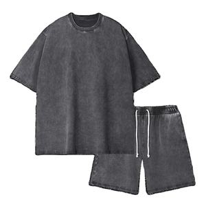 Ensemble deux-pièces personnalisé pour hommes ensemble t-shirt et short délavés à l'acide survêtement en coton épais - Product Image 5