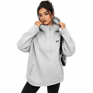 Sudadera de forro polar extragrande con capucha para mujer, manga larga, hombros caídos, cuello tipo embudo, gris liso, transpirable, con logotipo personalizado, al por mayor - Product Image 1