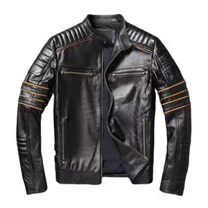 Premium <b>Men's</b> Motorcycle <b>Leather</b> <b>Jacket</b> Slim Fit Biker Racing Coat with Orange Stripes Stand Collar Zipper Streetwear Outwear - Product Image 6