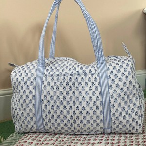 Quilted Cotton Travel Duffle <b>Bag</b> Blue Floral Print <b>Large</b> Capacity Weekender <b>Bag</b> Zipper Closure - Product Image 2