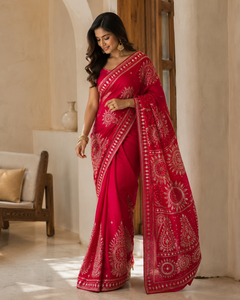 Sari traditionnel en Georgette Bandhej, bordure élégante avec travail de miroirs, tenue de mariage indienne, sari de créateur avec broderie lourde, vente en gros - Product Image 5