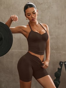 Womens 2 Pcs Yoga Suit Ruched <b>Halter</b> Cami <b>Bra</b> Tank and Cross Front Compression Shorts Set Seamless Gym Fitness Workout Outfits - Product Image 2