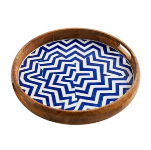 Handcrafted <b>Round</b> Mango Wood Serving <b>Tray</b> with Premium Blue Bone Inlay Zigzag Pattern Decorative Platter for <b>Table</b> and Home - Product Image 1