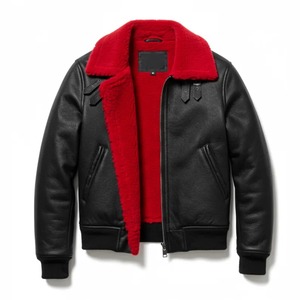 Blouson aviateur en cuir noir pour homme – Manteau aviateur en peau de mouton rouge, vêtement d'extérieur chaud pour l'hiver, style pilote de luxe - Product Image 1
