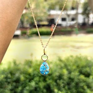 Hypoallergenic necklace prehnite chalcedony <b>with</b> mohave blue copper turquoise bezel set pendant 18k gold plated brass necklace - Product Image 5