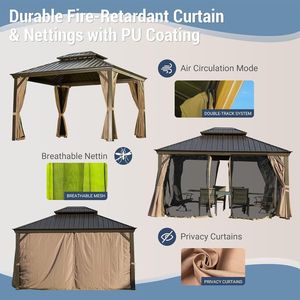 Gazebo da Esterno in Alluminio con Tetto Rigido e Doppia Tenda in Acciaio Zincato e Griglia per Patio, Terrazza, Giardino - Include Tende e Zanzariera - Product Image 6