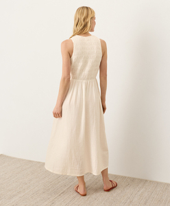 100% Organic Double Gauze Elegant Smocked <b>Dress</b> With Crew Neck And <b>Elastic</b> Waist A-Line Casual Summer <b>Dress</b> Breathable - Product Image 4