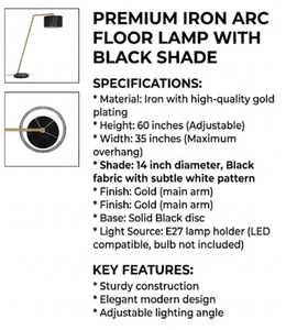 Lámpara de Pie Moderna Nórdica Negra con Arco, Lámpara de Pie de Lujo con Pantalla Cilíndrica de Metal LED E27 para Lectura, Sala de Estar, Hotel, Dormitorio - Product Image 6