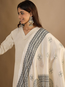 <b>Women</b> Ethnic Embroidered Pure Cotton Straight <b>Kurta</b> Set Trousers Dupatta V Neck Regular Fit Knee-Length Quick Dry All Seasons - Product Image 3