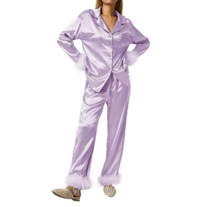 Pijamas de Seda Satén para Mujer, Personalizadas, Transpirables, de 10 Piezas, Manga Larga, Térmicas, de Verano, Cuello Camisero, Alta Calidad - Product Image 4