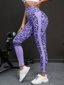 Leggings de yoga taille haute à imprimé léopard violet, longueur intégrale, avec bande latérale, extensibles dans les quatre sens, taille élastique - Product Image 2