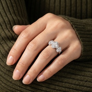 Bijoux fins vintage haut de gamme, anneaux à trois grappes en or blanc massif 18 carats avec diamants naturels, pour femmes, mariage, fiançailles - Product Image 2