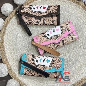 Portefeuille long de luxe 2026 en cuir véritable fait main, motif floral, design jeu de cartes, pochette vintage avec dragonne amovible pour femme - Product Image 1