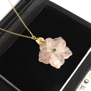 Crystal healing jewelry natural rose quartz <b>with</b> emerald zircon floral carved pendant necklace 18k gold plated designer necklace - Product Image 1