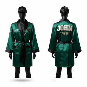 Robe de boxe unisexe en cuir satiné premium 140 GSM, vert émeraude avec panneau noir, logo brodé personnalisé, OEM, anti-humidité, à lacets - Product Image 1