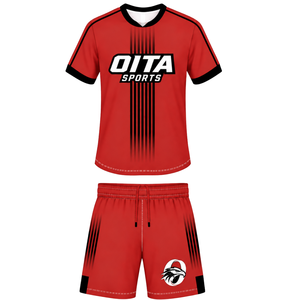 Ensemble de rugby rouge vif et noir, maillot à manches courtes et col rond avec short assorti, respirant, pour l'entraînement d'équipe et les performances sportives - Product Image 1