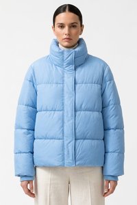 Chaqueta Acolchada Impermeable Azul Claro para Mujer, Ecológica, con Cuello Alto, Cierre de Cremallera, Manga Larga, para Invierno, Color Sólido - Product Image 6