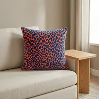 Housse de coussin en velours orange corail, textiles de maison, avec imprimé léopard bleu marine, coussin décoratif pour canapé