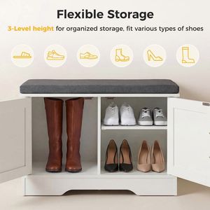 Banc de rangement pour chaussures de 39 pouces avec coussin rembourré, armoire à chaussures à 4 portes, étagère réglable, entrée, blanc - Product Image 4