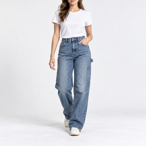 Jeans de Mezclilla para Mujer, Cintura Alta, Corte Relajado, Estilo Carpintero, con Bolsillos Utilitarios, Lavado Medio, Logotipo Bordado, Estilo Hip Hop, Marca Privada OEM - Product Image 5