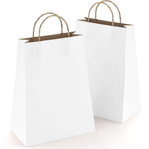 Sacs en papier kraft blanc 150 GSM avec poignées, format 10x5x13, lot de 25 grands sacs de courses, sacs en papier kraft 10x5x13 - Product Image 1